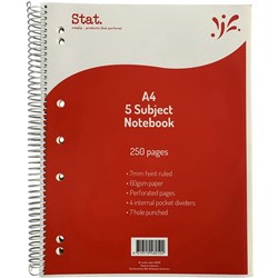 Stat 5 Subject Notebook Spiral A4 7mm Ruled 60gsm 250 Page Red