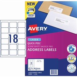 Avery Quick Peel Address Laser White L7161 63.5 x 46.6mm 18UP 1800 Labels 100 Sheets