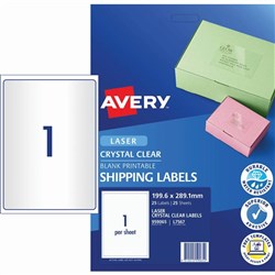 Avery Crystal Clear Laser Shipping Labels White L7567 199.6x289.1mm 1UP 25 Labels